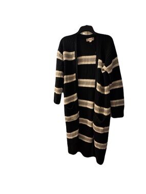 Black and Cream Striped Open-Front Long Cardigan Sweater